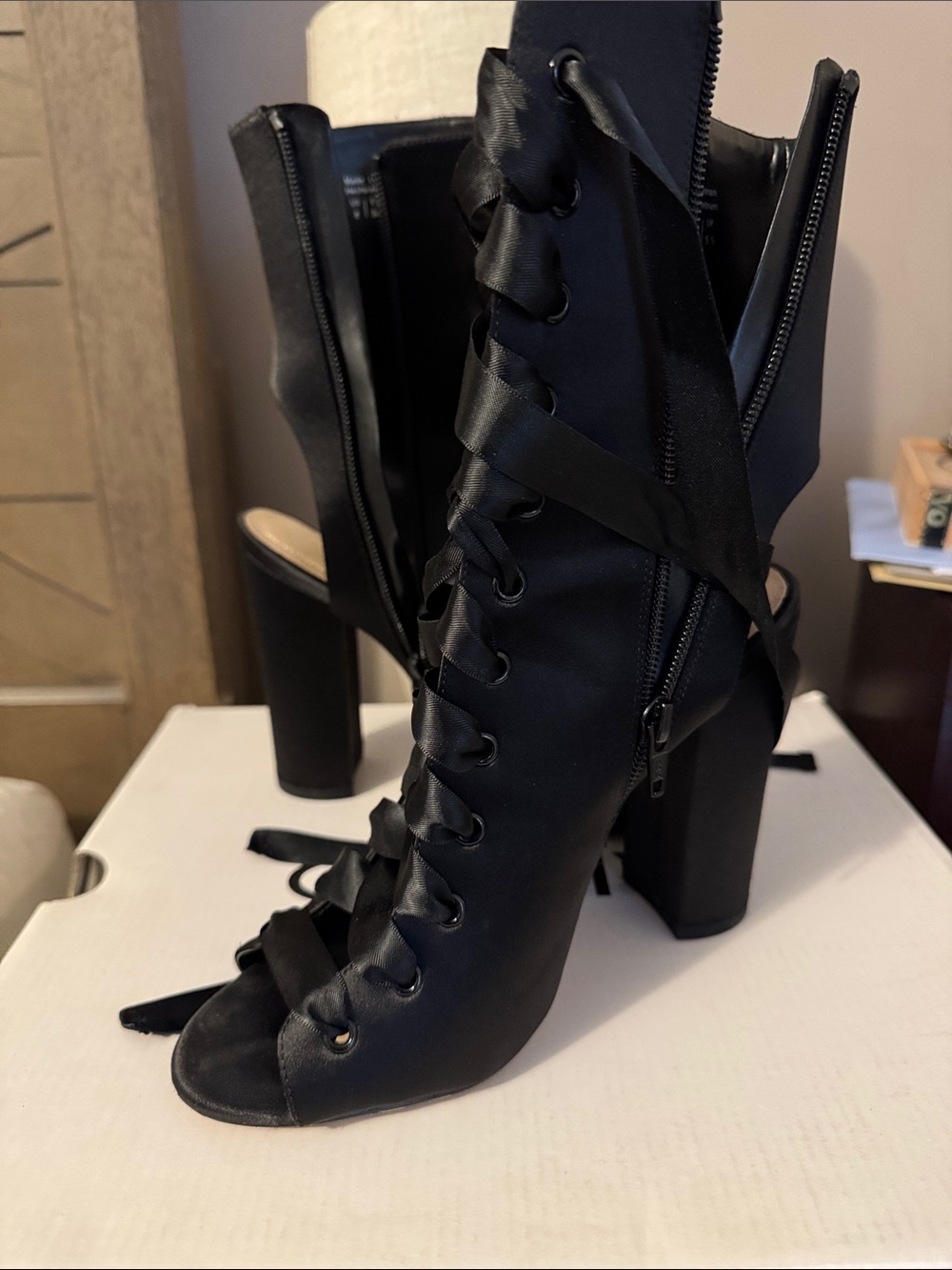 Aldo Black Satin Lace-Up Open-Toe Block Heel Boots